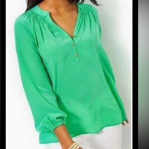 Lilly Pulitzer Vibrant Teal Green Elsa Blouse 100% Silk Size XS